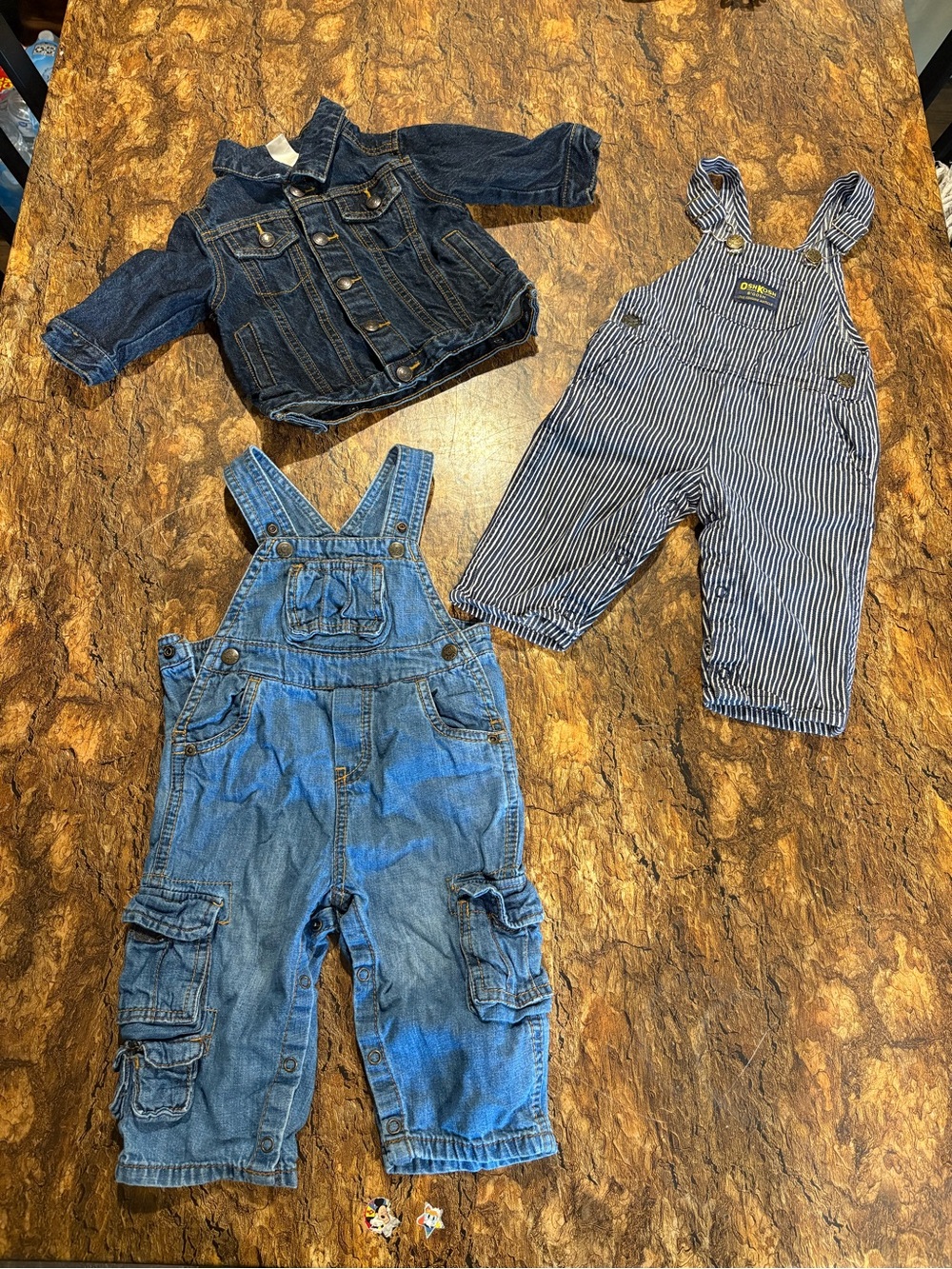 Baby denim bundle. 9M OshKosh jacket 12M Oshkosh and 12MChildrensPlace overalls.